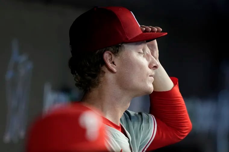 Phillies starter Seth Johnson in the dugout after he was pulled in the third inning against the Marlins.