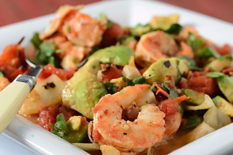 Dinner in 30 minutes: Shrimp and Avocado in a Tequila-Tomato Sauce
