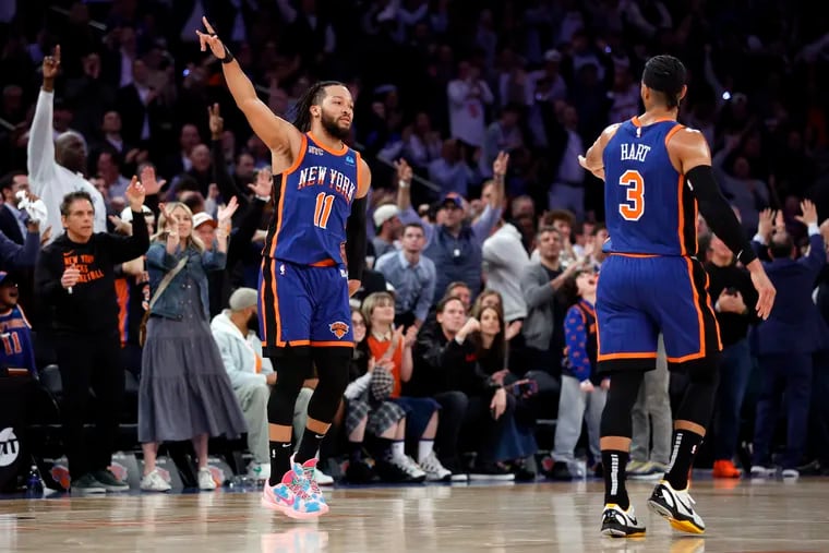 Jalen Brunson #11 reacts with Josh Hart #3 of the New York Knicks during Game Five of the Eastern Conference Second Round Playoffs against the Indiana Pacers at Madison Square Garden on May 14, 2024 in New York City. The Knicks won 121-91. (Photo by Sarah Stier/Getty Images)