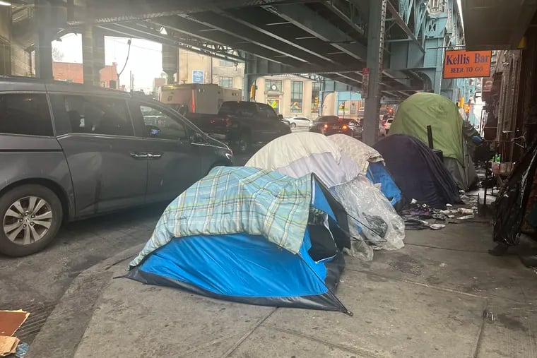 A cluster of tents on Kensington Avenue Saturday, Jan. 6, as a winter storm swept through Philadelphia.