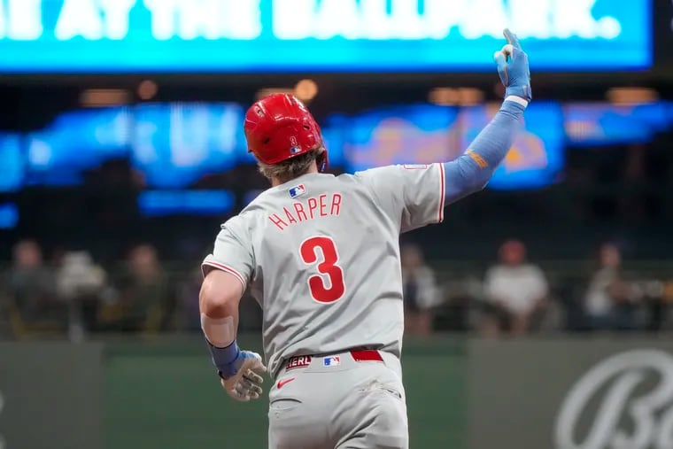 Bryce Harper reacts after hitting a two-run homer in the sixth inning, his third since Saturday.