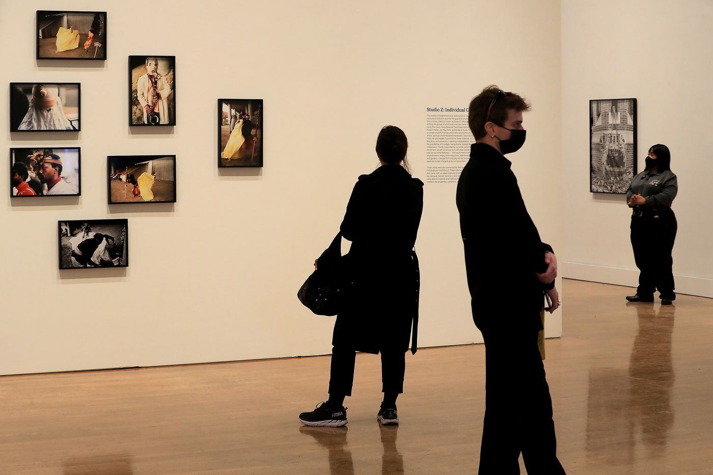 Viewers pause to view the exhibition during a press preview event for artist Senga Nengudi at the Philadelphia Museum of Art.