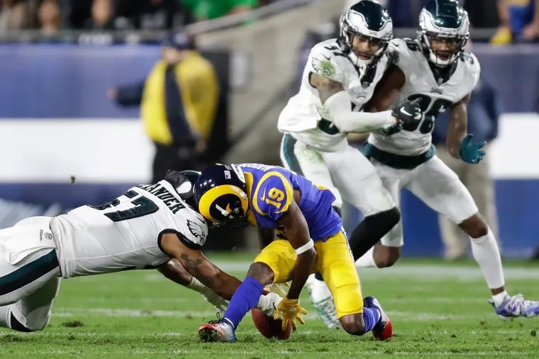 Philadelphia Eagles linebacker D.J. Alexander made a big play when he grabbed the loose ball after Los Angeles Rams wide receiver JoJo Natson fumbled it on a punt return in the fourth quarter.