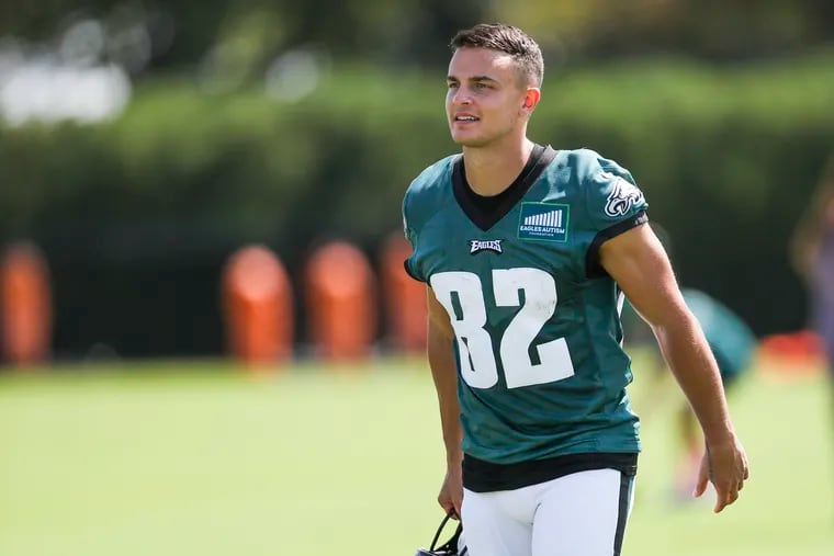 Former Eagles wide receiver Devon Allen after training camp practice in August 2023.