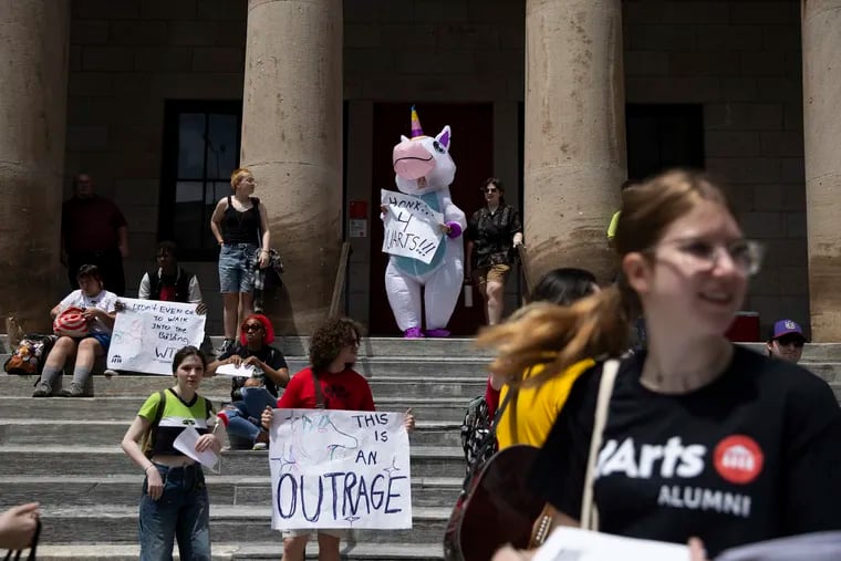 Hundreds of University of the Arts students and supporters protested outside Hamilton Hall, the university's administrative building, on Monday. The university's president, Kerry Walk, has resigned, and the school will close on June 7, a week after Walk announced the school's permanent shutdown.