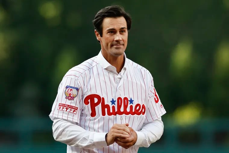 Former Phillies pitcher Cole Hamels before throwing the ceremonial first pitch during a pregame ceremony on Friday night at Citizens Bank Park.