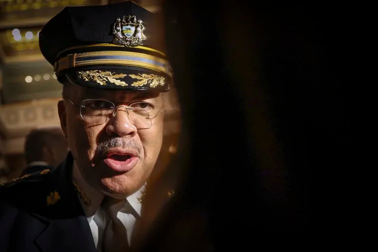 Philadelphia Police Commissioner Kevin Bethel speaks with reporters after Mayor Parker’s first budget address in City Council chambers on Thursday.