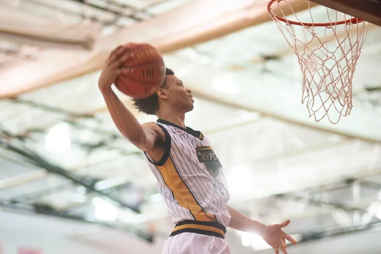 Isaiah Wong goes up for a dunk in the second quarter of the Play-by-Play Invitational Classic All-Star game on Monday at Souderton High School. The Bonner-Prendergast star scored 50 points for Team Local in a 165-153 overtime win over Team USA.