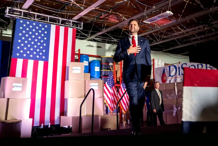 Sen. JD Vance, the Republican vice presidential nominee, arrives at DiSorb Systems, Inc. in North Philadelphia for a campaign event on Monday.