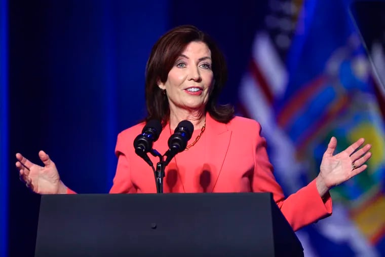 New York Gov. Kathy Hochul speaks before President Joe Biden arrives to deliver remarks on the CHIPS and Science Act at the Milton J. Rubenstein Museum in Syracuse, N.Y., in April.