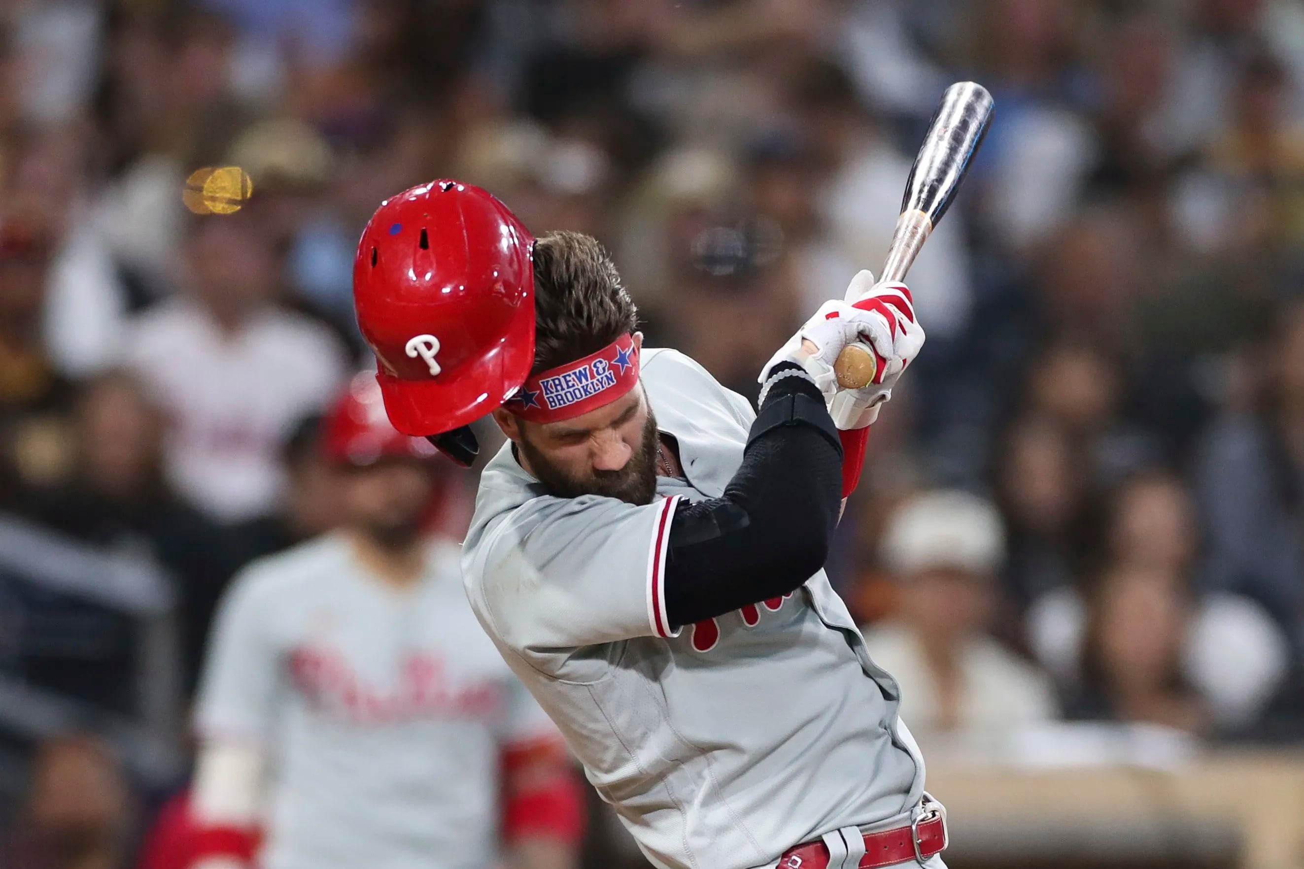 Phillies' Bryce Harper hit on surgically repaired elbow by pitch, leaves  game - The San Diego Union-Tribune