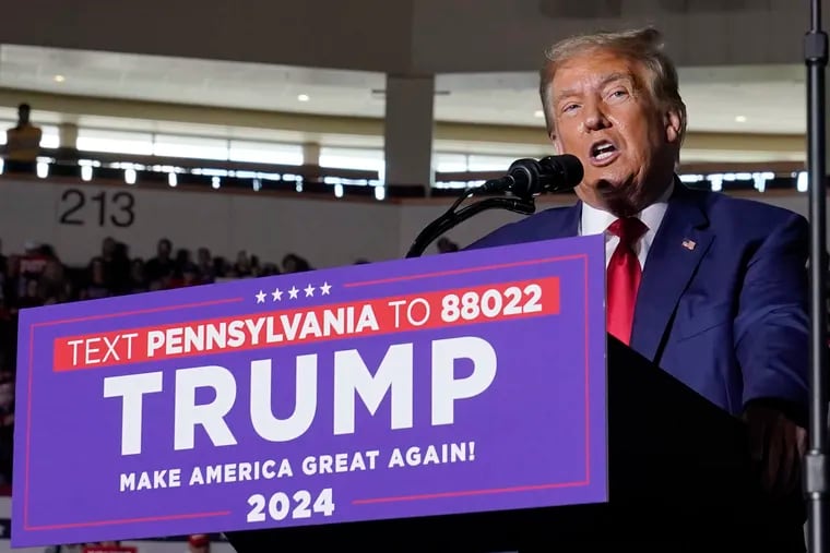 Republican presidential candidate former President Donald Trump speaks during a campaign rally, Saturday, July 29, 2023, in Erie.