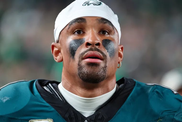 Eagles quarterback Jalen Hurts as the team heads to the locker room at halftime against the Dallas Cowboys, Sunday, Nov. 5, 2023, at Lincoln Financial Field in Philadelphia.