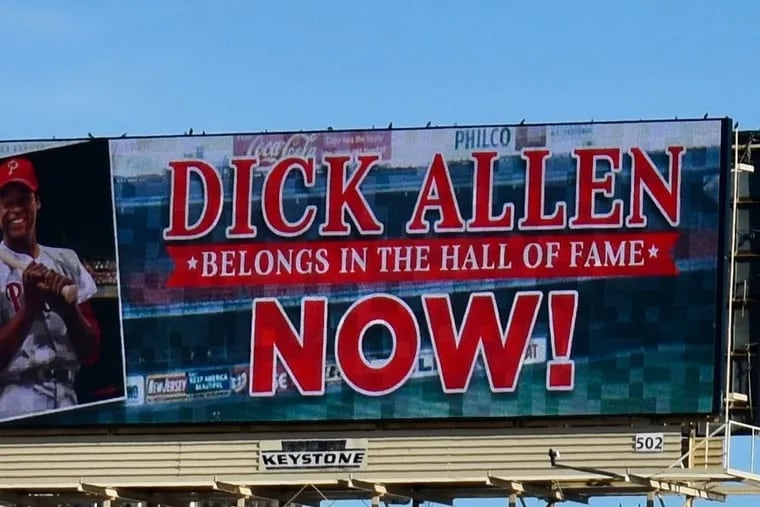 This billboard promoting Dick Allen for the Baseball Hall of Fame rises high above the Vine Street Expressway in downtown Philadelphia. The former Phillie has many supporters in the movement.