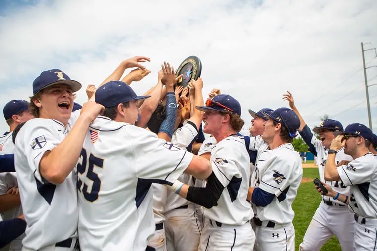 The La Salle College High School baseball team celebrating its Catholic League championship in 2019. After winning the 2024 league title, the Explorers are hoping to add a PIAA Class 6A championship.