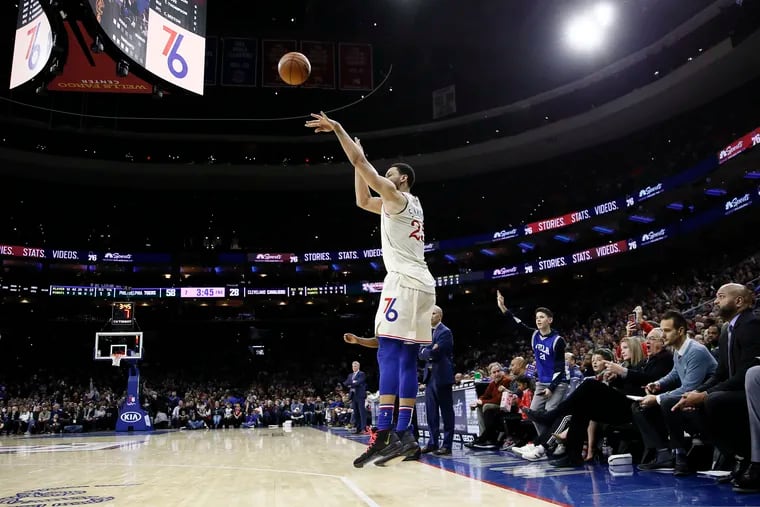 Ben Simmons drains a three-pointer during the first half of Saturday night's victory over the Cleveland Cavaliers.