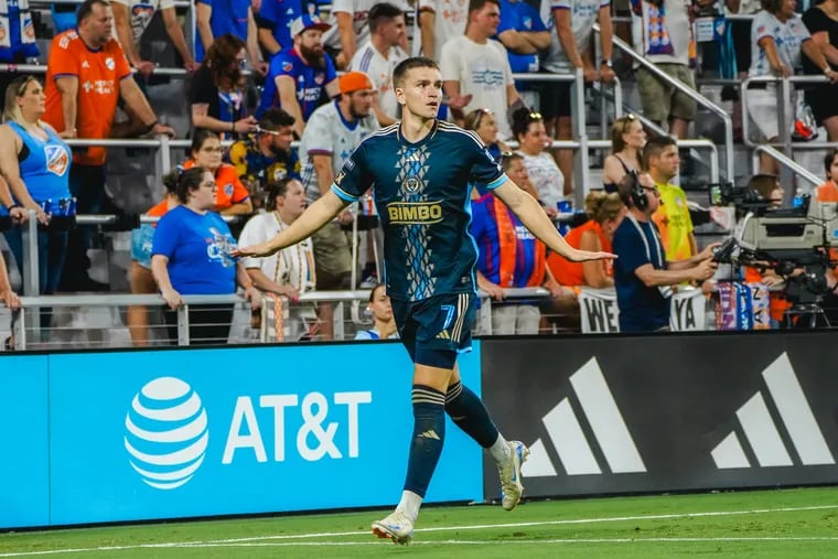 Mikael Uhre celebrates after scoring a goal during the Union's Leagues Cup round of 16 game against FC Cincinnati on Tuesday.