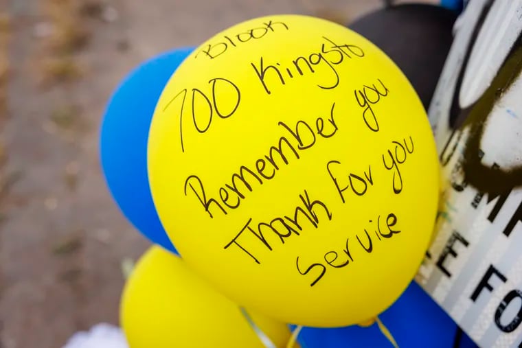 A makeshift memorial for Officer Jaime Roman on the 700 block of Kingston Street in Kensington.