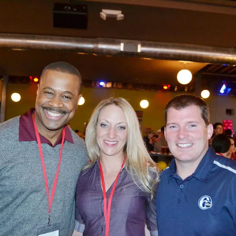 Rick Williams, (left), of 6ABC, Laurie Burklin and Chris Sowers of 6ABC attended the "Get in the Game" 2015 benefit for Philadelphia Futures at the South Bowl in Philadelphia on Thursday, April 23, 2015.                        
 ( For the Inquirer /  Maggie Henry Corcoran )