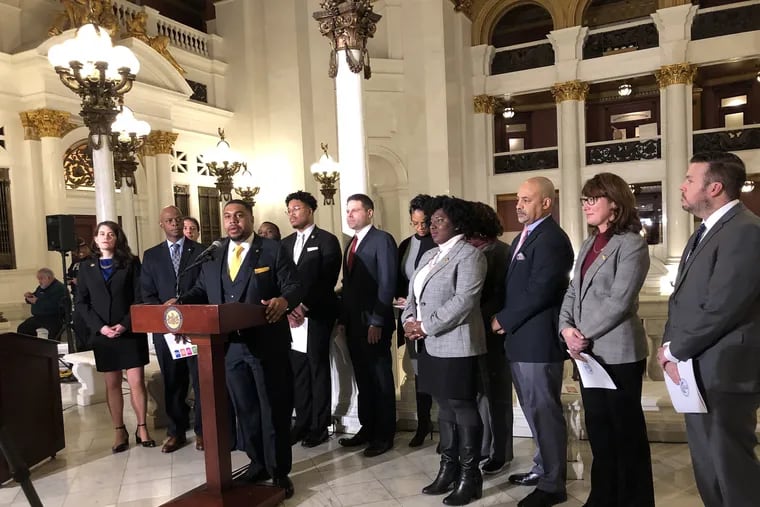 Members of Philadelphia's delegation to the Pennsylvania House unveil their legislative priorities for the 2019-20 session. Speaking at the podium is Democratic Rep. Jason Dawkins, the new head of the delegation.