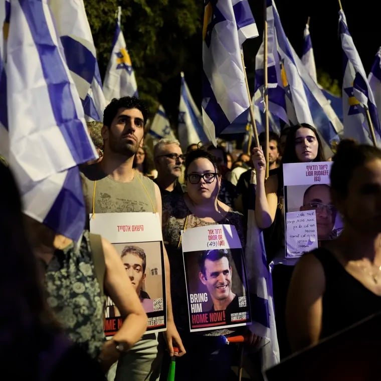 People attend a rally demanding a cease-fire deal and the immediate release of hostages held by Hamas in the Gaza Strip after the deaths of six hostages in the Palestinian territory, in Jerusalem on Monday.