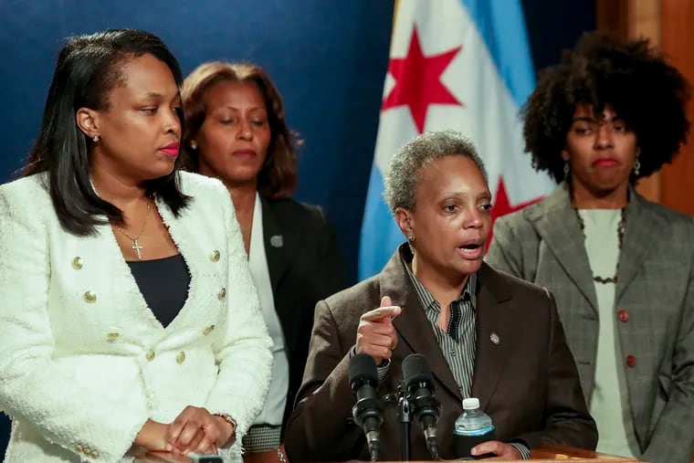 Chicago Mayor Lori Lightfoot speaks Thursday at a press conference at City Hall to discuss the Chicago Teachers Union strike that has kept students out of school for 11 days. The union and city officials announced Thursday that the strike has ended and that classes will resume Friday.