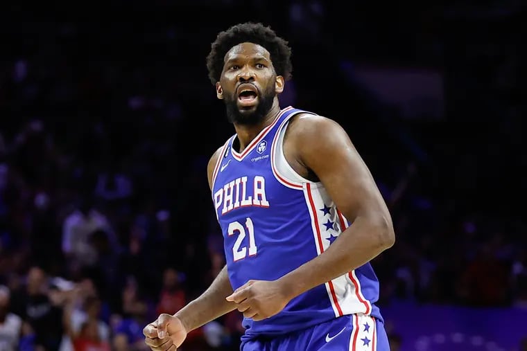 Sixers center Joel Embiid pumps his fist against the Brooklyn Nets during Game 2 of the first round Eastern Conference playoffs on Monday, April 17, 2023 in Philadelphia.