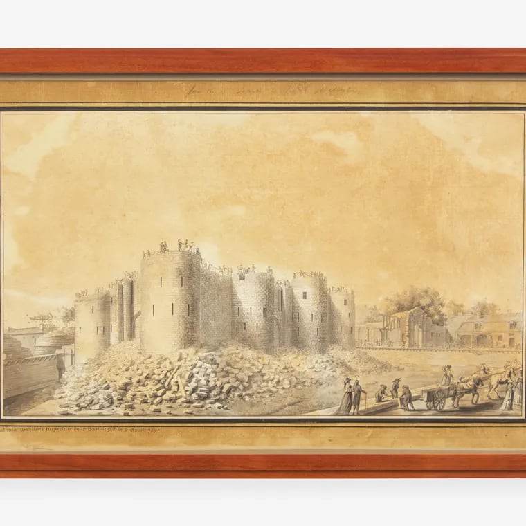 Titled “The Destruction of the Bastille,” this ink-wash drawing on laid paper depicts the demolished Bastille prison in Paris, France, on Aug. 8, 1789, created by Étienne-Louis-Denis Cathala. The sketch is inscribed at the top by Gilbert du Motier, Marquis de Lafayette. The inscription reads: "From the M. de Lafayette to General Washington.” The inscription at bottom by the artist reads: "Cathala Architecte Inspecteur de la Bastille fait le 8 Aoust 1789." The drawing will be on display at the Museum of the American Revolution Aug. 1-31 before going up for auction.