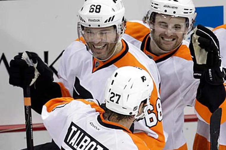 Flyers forwards Jaromir Jagr and Max Talbot both scored against the Penguins on Thursday. (Gene J. Puskar/AP)