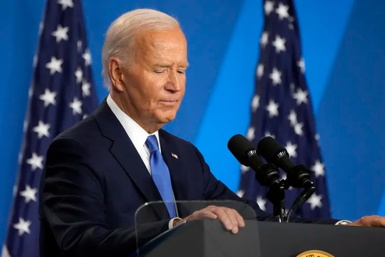 President Joe Biden pauses at a news conference Thursday, on the final day of the NATO summit in Washington.