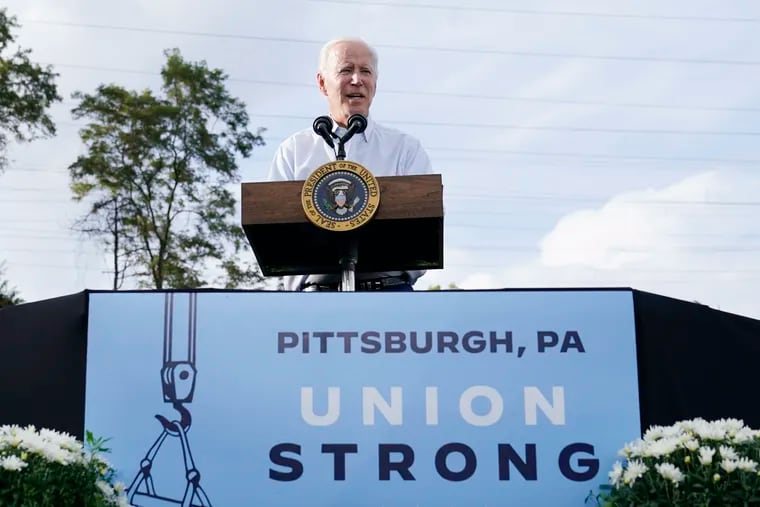 President Joe Biden speaks at a United Steelworkers of America Local Union 2227 event in West Mifflin, Pa., Monday, Sept. 5, 2022, to honor workers on Labor Day.