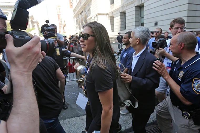 Carli Lloyd, Mayor Bill de Blasio, and the rest of the U.S. Women's National Team parade through New York City's Canyon Of Heroes Friday, July 10, 2015.