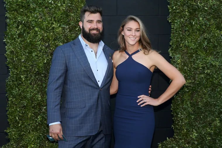 Jason Kelce and Kylie Kelce during a photo op in 2018.