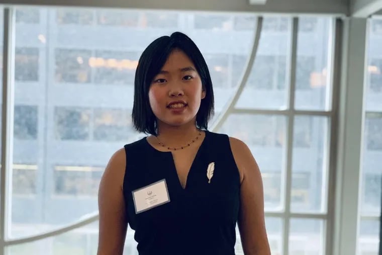 Lavender Huang  at the 2018 Model UN conference. Huang, a Chinese citizen, has been studying at a suburban Philadelphia private school for four years. During the pandemic, she was forced to return home to China to renew her passport and now, due to border closings tied to COVID-19, she cannot return to America to continue her studies.