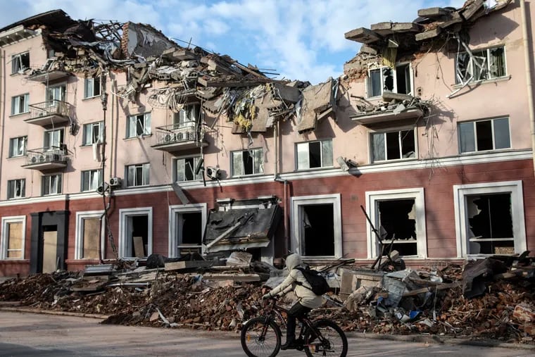 A hotel hit by a Russian airstrike in the city of Chernihiv, Ukraine, in April.