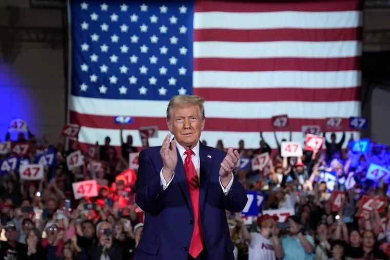 Republican presidential nominee former President Donald Trump arrives for a town hall at Lancaster County Convention Center, Sunday, Oct. 20, 2024, in Lancaster, Pa.