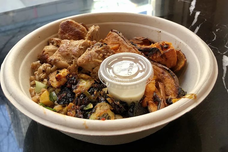 A Classic Dig bowl including charred chicken thigh, charred broccoli with lemon, roasted sweet potatoes, brown rice with parsley, and garlic aioli dressing.