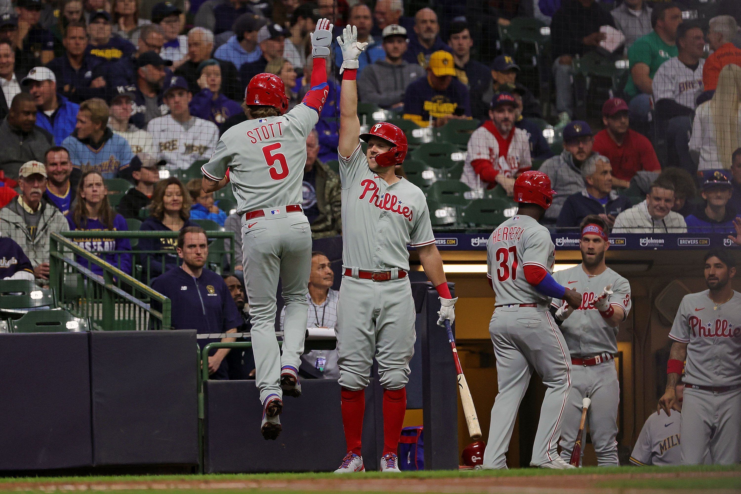 MILWAUKEE, WI - JUNE 08: Philadelphia Phillies third baseman Bryson Stott  (5) runs the bases during a game between the Milwaukee Brewers and the  Philadelphia Phillies on June 8, 2022 at American