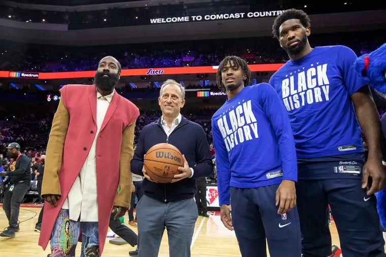 James Harden, Josh Harris, Tyrese Maxey, and Joel Embiid before a 76ers game at the Wells Fargo Center on Feb. 15, 2022.