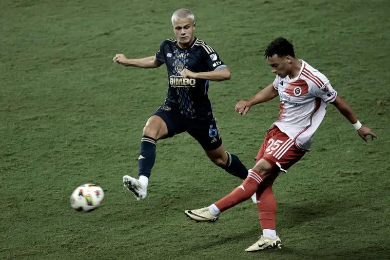 Cavan Sullivan (left) during his MLS debut for the Union against the New England Revolution on July 17.