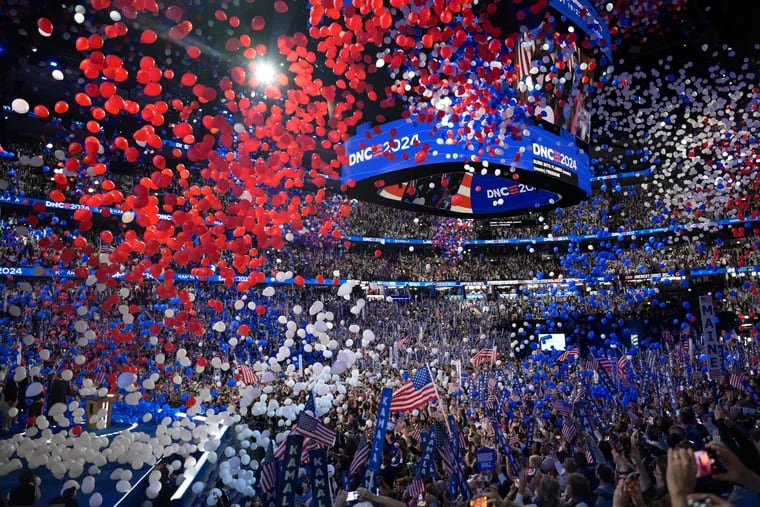 Balloons drop after Democratic presidential nominee Vice President Kamala Harris delivers her speech on the final evening of programming of the Democratic National Convention on Thursday, Aug. 22, 2024, in Chicago.