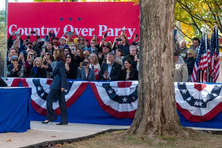 Vice President Kamala Harris arrives at a Republicans for Harris event in Washington Crossing Wednesday. Oct. 16, 2024