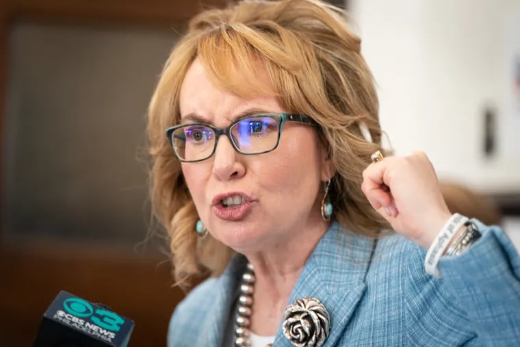 Former U.S. Rep. Gabby Giffords, who survived an assassination attempt in 2011, campaigns for Vice President Kamala Harris in Philadelphia Thursday at the Salt and Light Church.