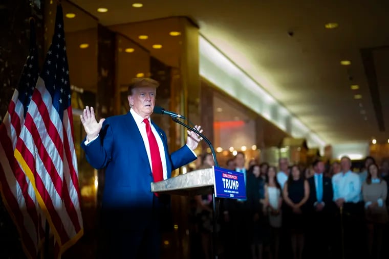 Former President Donald Trump addresses a news conference in the lobby of Trump Tower the day after being found guilty on 34 felony counts of falsifying business records at Manhattan Criminal Court.