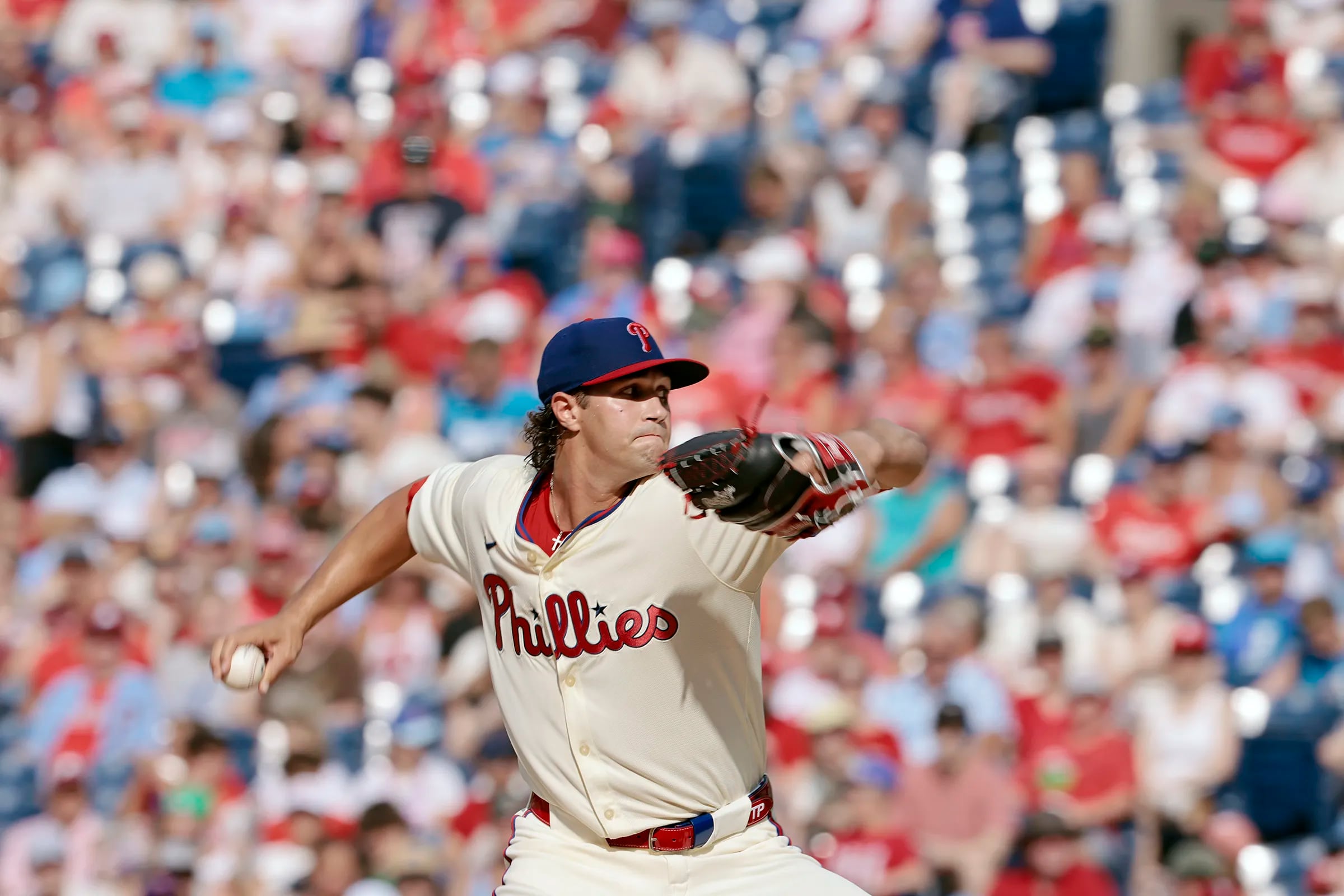 Phils Tyler Phillips pitches during the Oakland Athletics vs. Philadelphia Phillies MLB game at Citizens Bank Park in Philadelphia on Saturday, July 13, 2024.