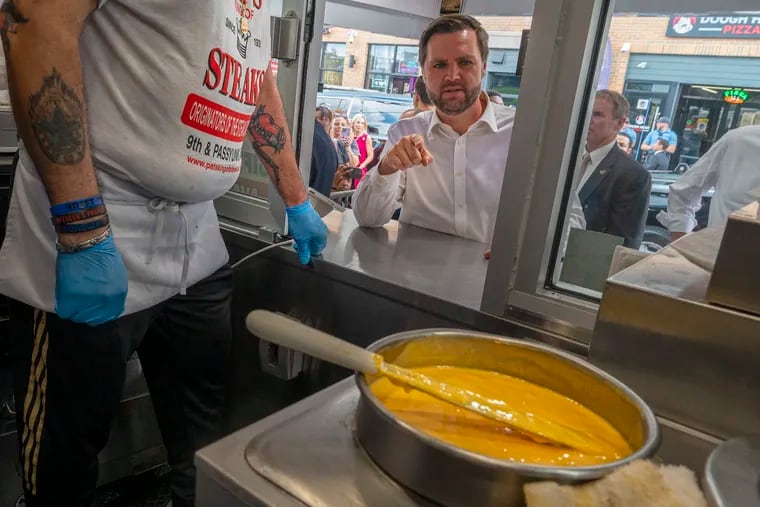 Sen. JD Vance is schooled on the difference between Swiss cheese and Cheez Whiz as he orders a cheesesteak at Pat’s King of Steaks.