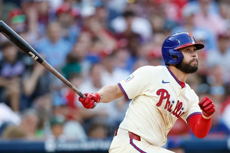 Phillies Cal Stevenson watches his two run seventh inning double.