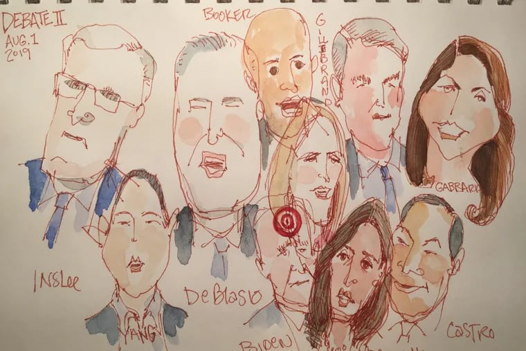 Inquirer editorial cartoonist Signe Wilkinson sketched the candidates that were onstage during night two of the second Democratic primary debate.