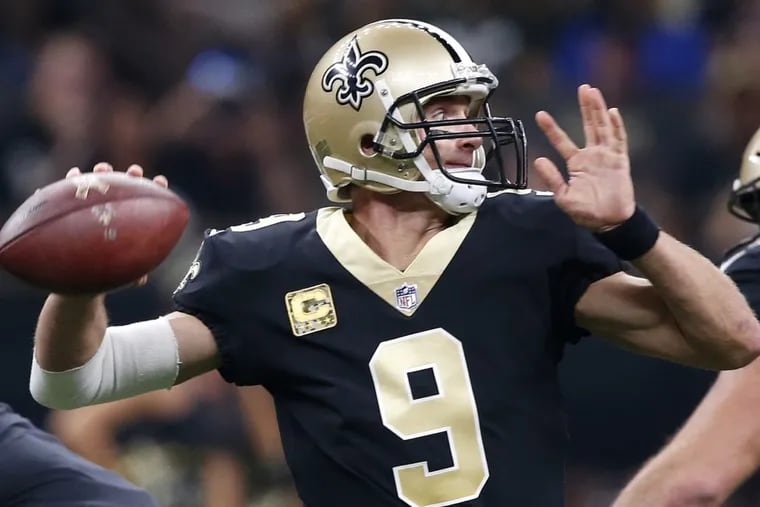 Quarterback Drew Brees and his New Orleans Saints are the biggest threat to the Eagles’ Super Bowl aspirations. (AP Photo/Gerald Herbert)