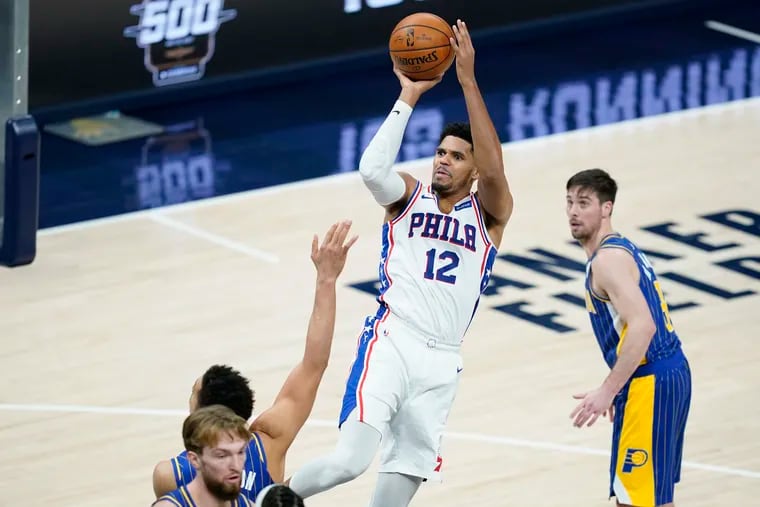 The 76ers' Tobias Harris  puts up a shot during the second half against the Indiana Pacers.